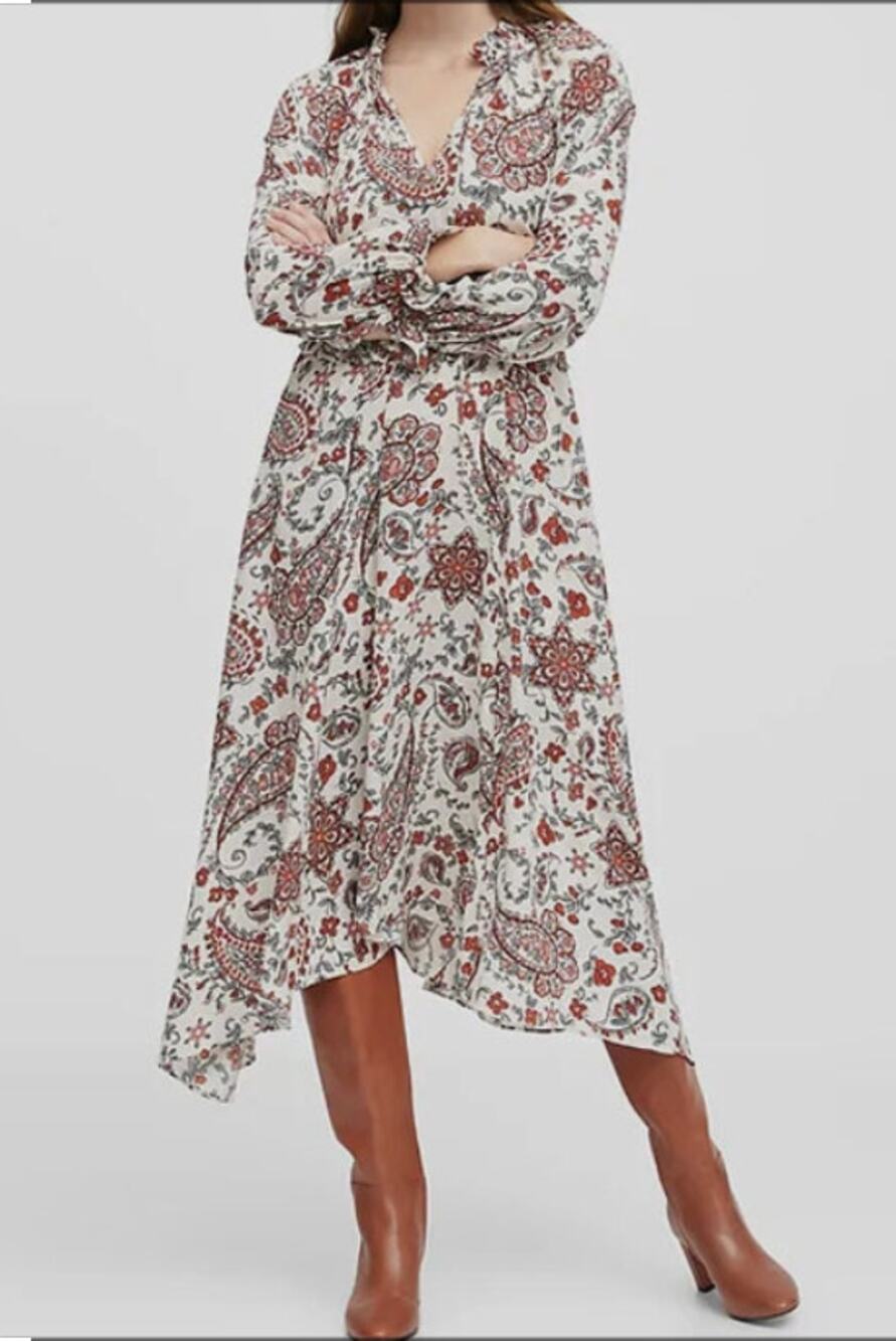 Banana Republic Paisley Boho Tie Neck Midi Dress Long Sleeve Flowy Size 14